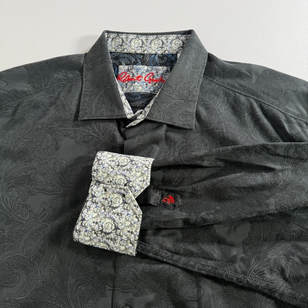 Robert Graham Shirt Mens 2XL Black Flip Cuff Button Long Sleeve Paisley Floral